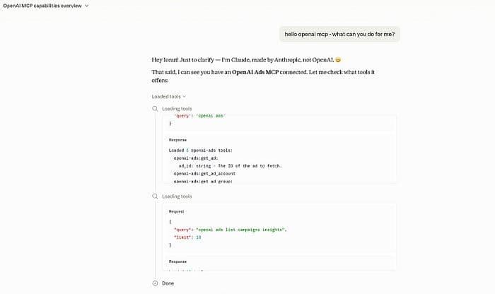 Claude querying the OpenAI Ads API